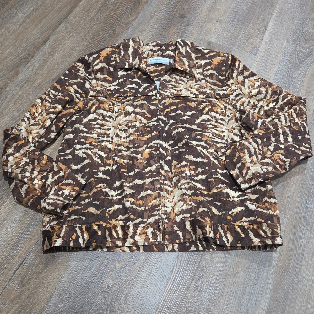 Alfred Dunner Petite Zip Front Jacket Brown Gold Metallic Abstract Print Small